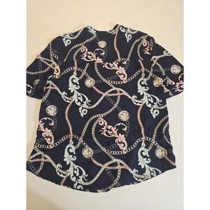 Guess Chain Print Top Short Sleeve Blouse Gold Accent‎ Detail Size S